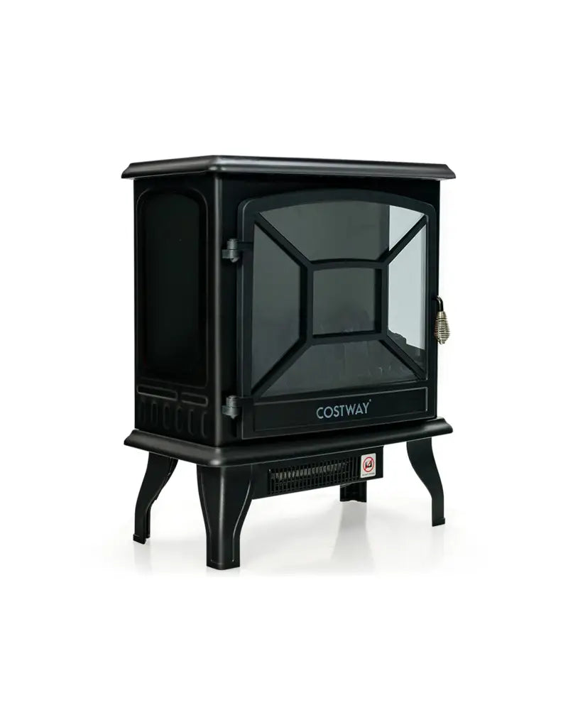 1400W Electric Stove Heater with 3-Level Flame Effect and 3-Sided View-Black - Black - Fireplaces