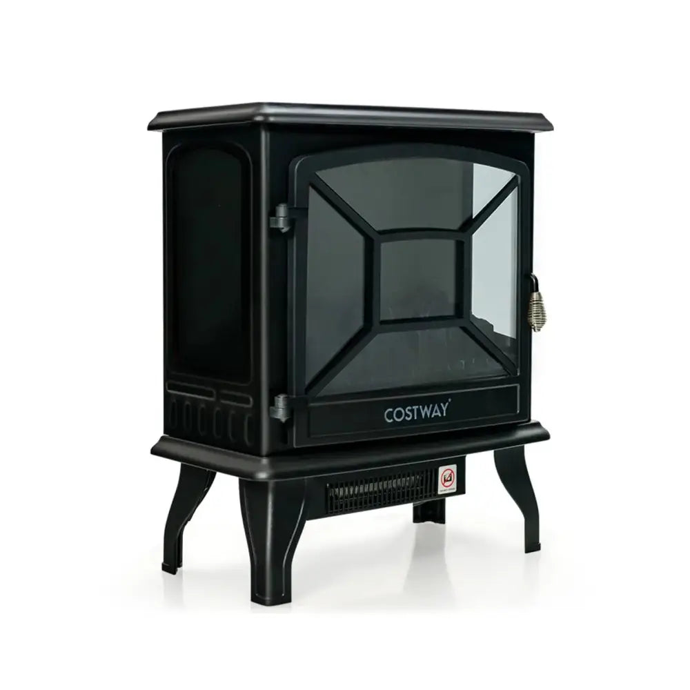 1400W Electric Stove Heater with 3-Level Flame Effect and 3-Sided View-Black Costway