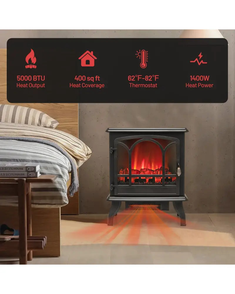 1400W Electric Stove Heater with 3-Level Flame Effect and 3-Sided View-Black - Black - Fireplaces