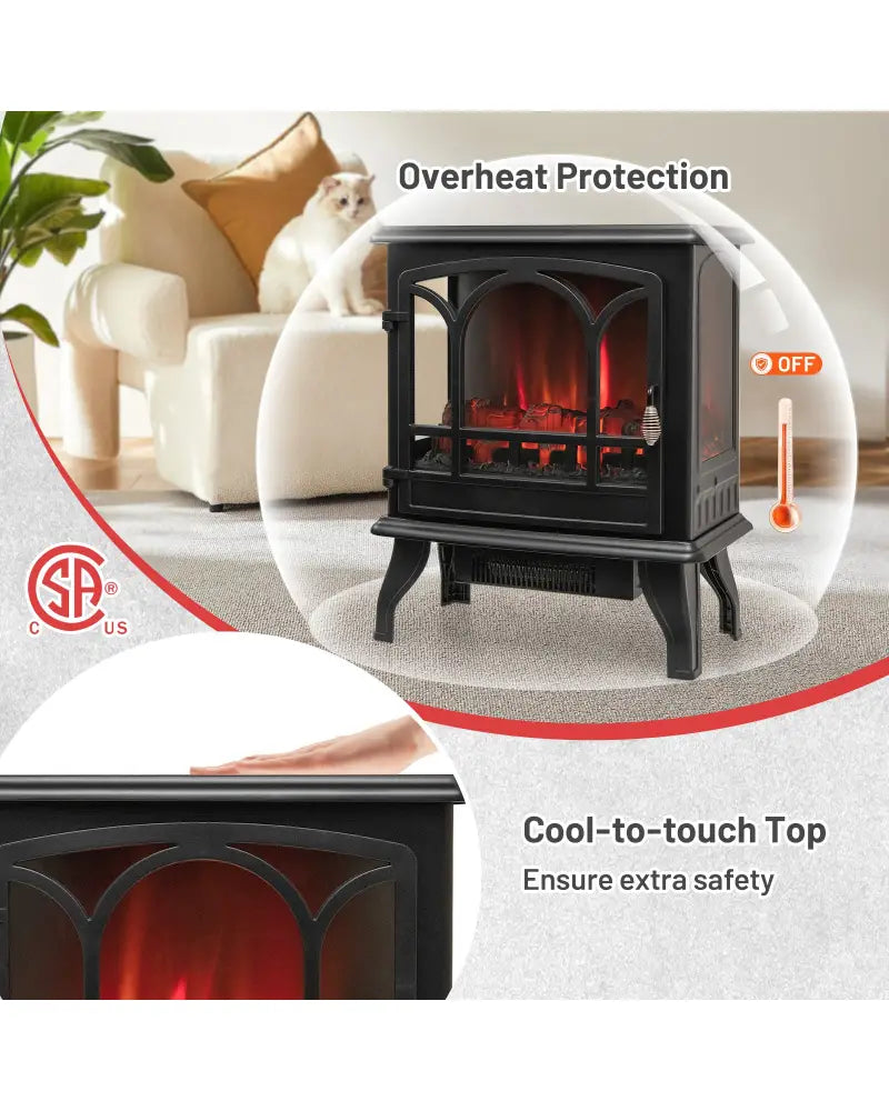1400W Electric Stove Heater with 3-Level Flame Effect and 3-Sided View-Black - Black - Fireplaces