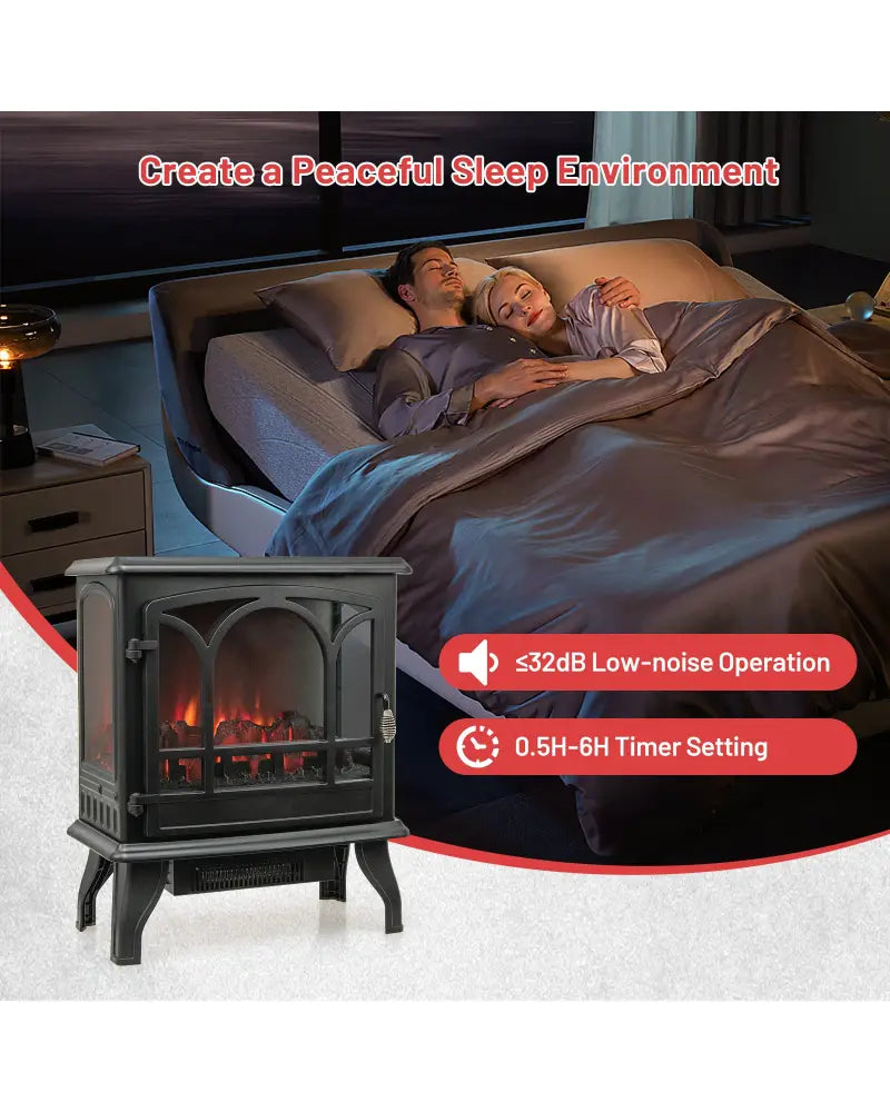 1400W Electric Stove Heater with 3-Level Flame Effect and 3-Sided View-Black - Black - Fireplaces