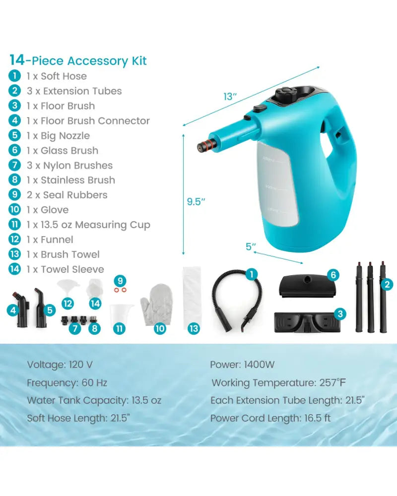 1400W Handheld Steam Cleaner with 14-Piece Accessory Kit and Child Lock-Blue - Blue - Vacuums & Cleaners