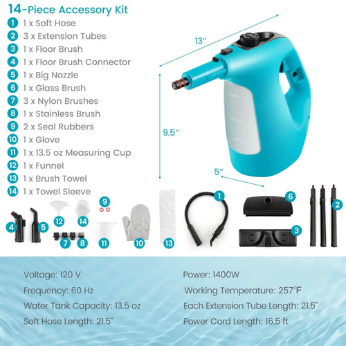 1400W Handheld Steam Cleaner with 14-Piece Accessory Kit and Child Lock-Blue - Blue - Vacuums & Cleaners
