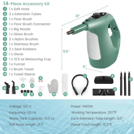1400W Handheld Steam Cleaner with 14-Piece Accessory Kit and Child Lock-Green Costway