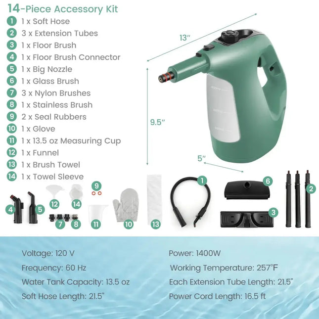 1400W Handheld Steam Cleaner with 14-Piece Accessory Kit and Child Lock-Green Costway