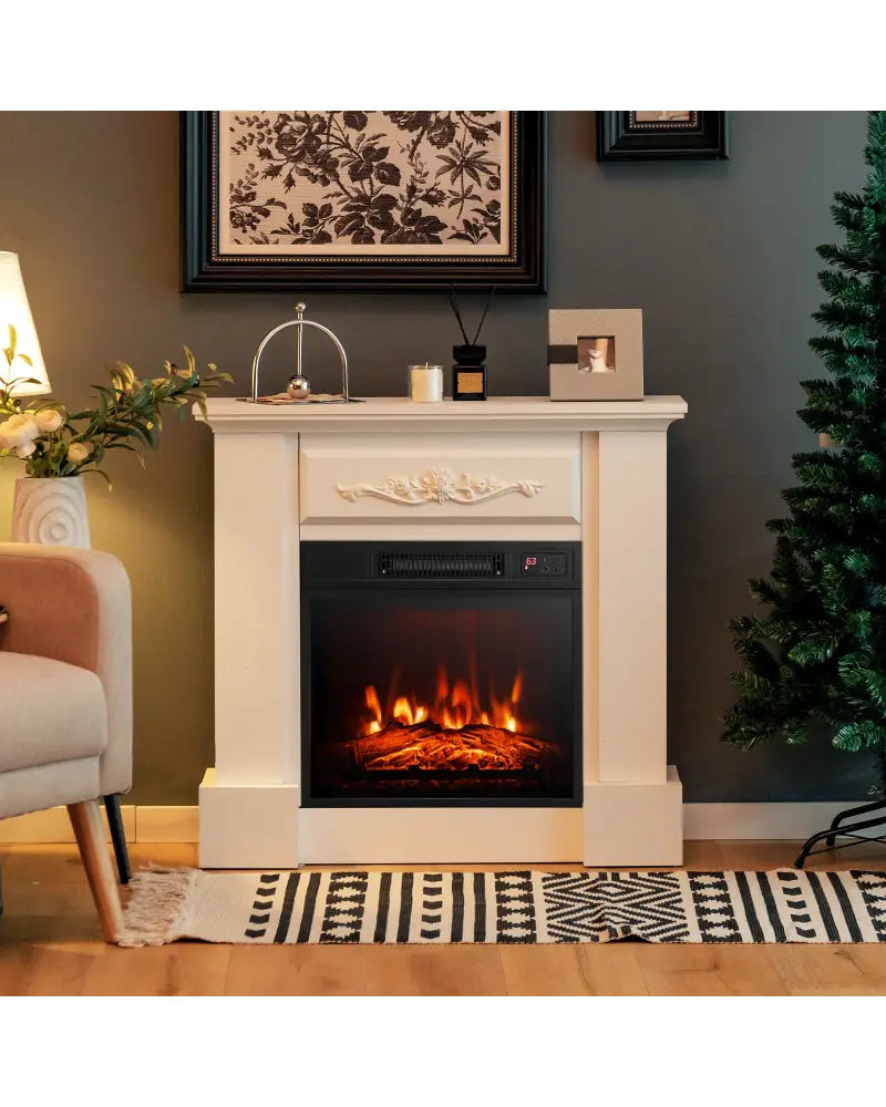 1400W TV Stand Electric Fireplace Mantel with Remote Control-White - White - Fireplaces