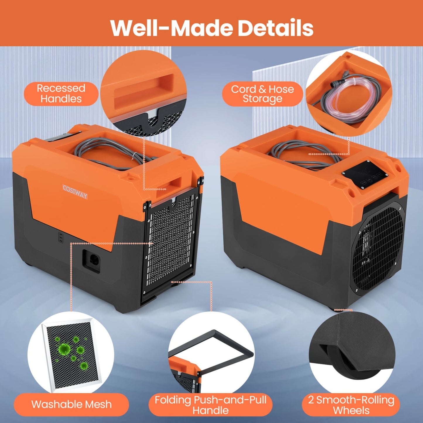 140 Pints Commercial Dehumidifier with Pump and Drain Hose-Orange