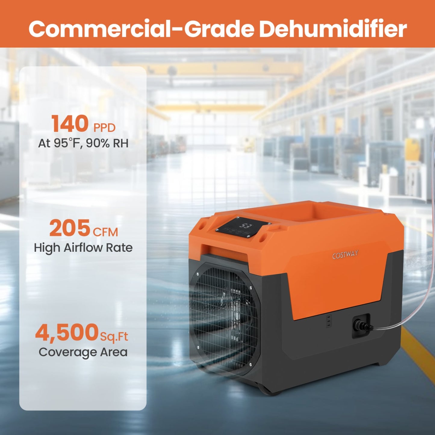 140 Pints Commercial Dehumidifier with Pump and Drain Hose-Orange