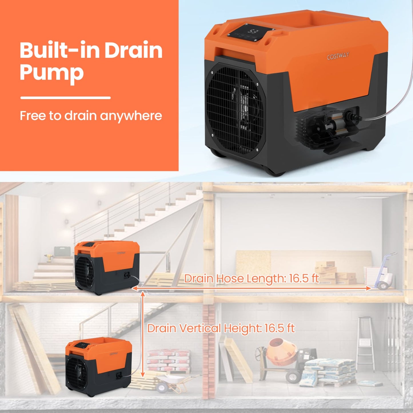 140 Pints Commercial Dehumidifier with Pump and Drain Hose-Orange