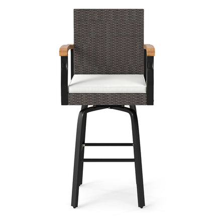 Set of 2 Outdoor 360° Swivel Bar Stool with Cushion and Acacia Wood Armrests