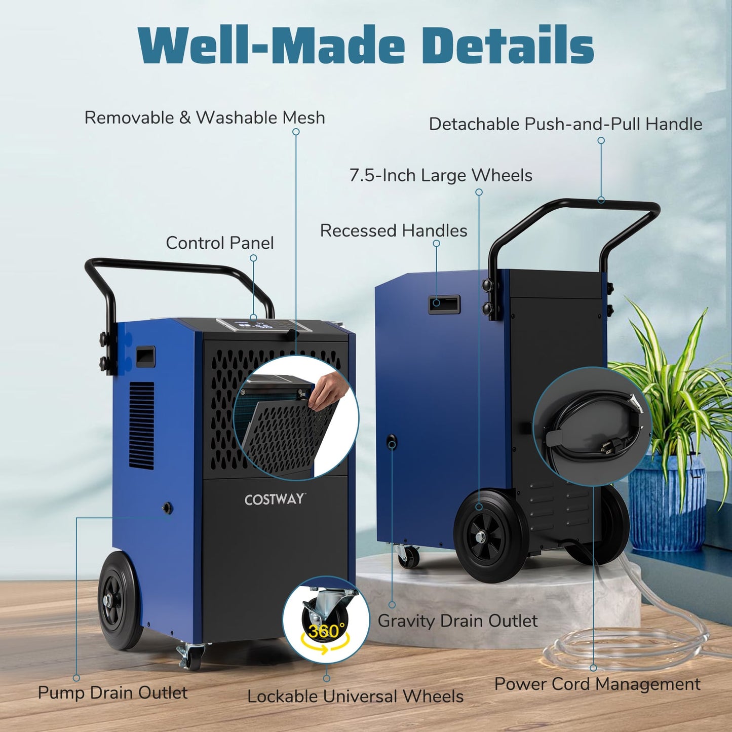 154 Pints Commercial Dehumidifier with Pump and Drain Hoses-Blue