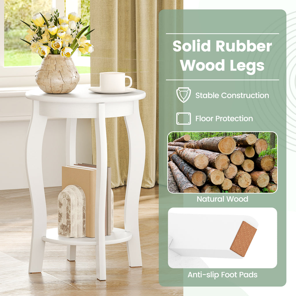 15 Inch 2-Tier Round End Table with Storage Shelf-White