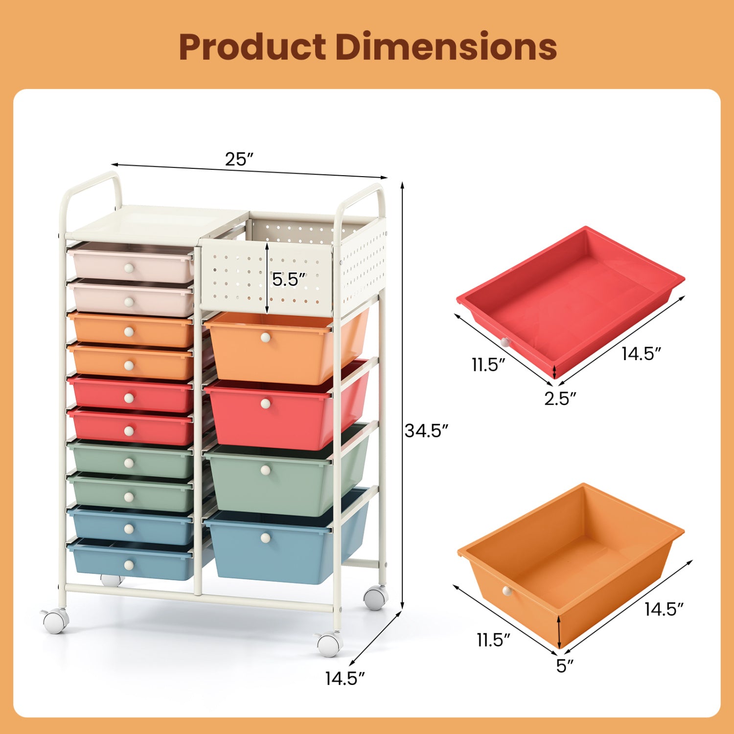 14-Drawer Rolling Storage Cart with Metal Tabletop and Pegboard-Macaron