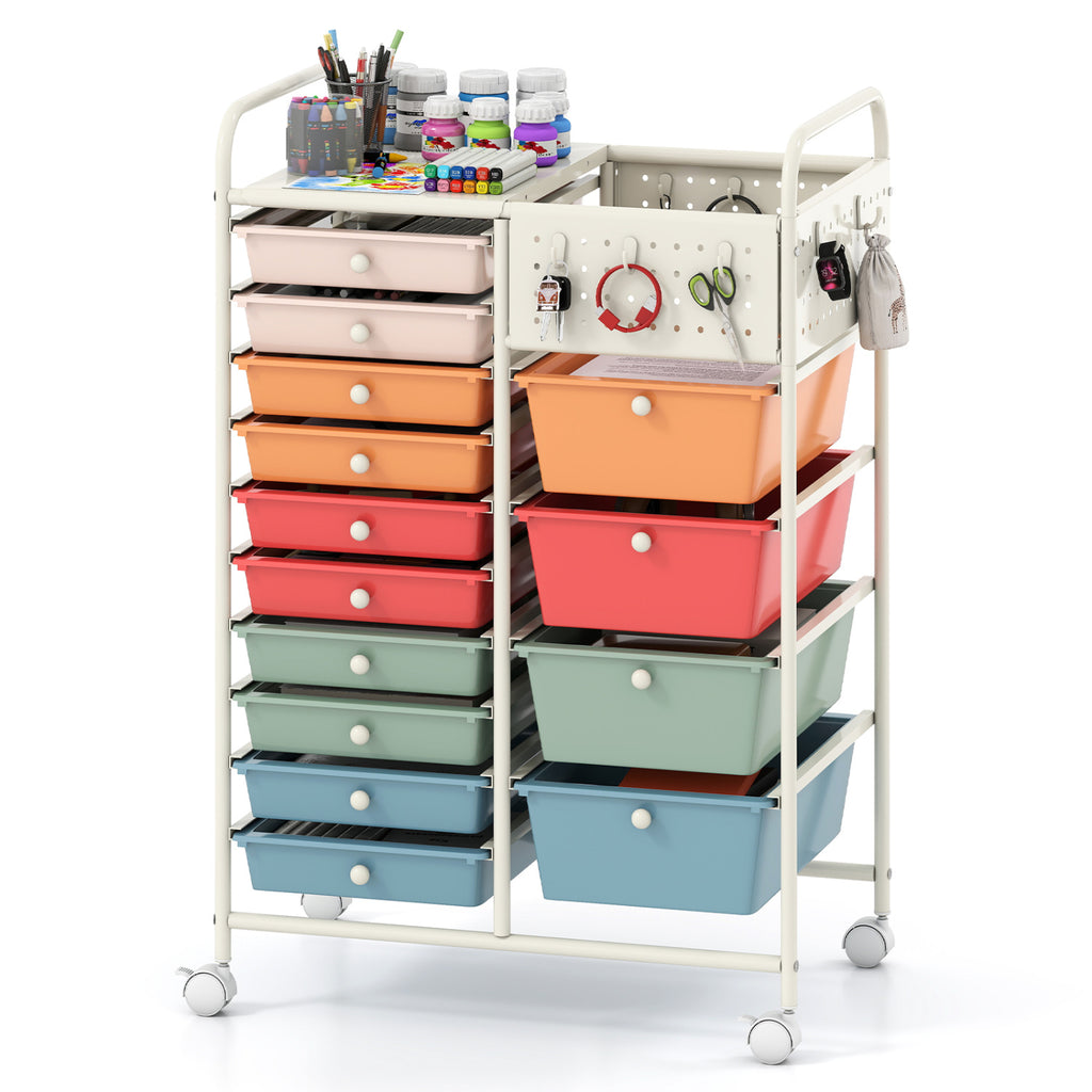 14-Drawer Rolling Storage Cart with Metal Tabletop and Pegboard-Macaron