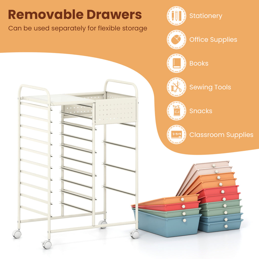 14-Drawer Rolling Storage Cart with Metal Tabletop and Pegboard-Macaron