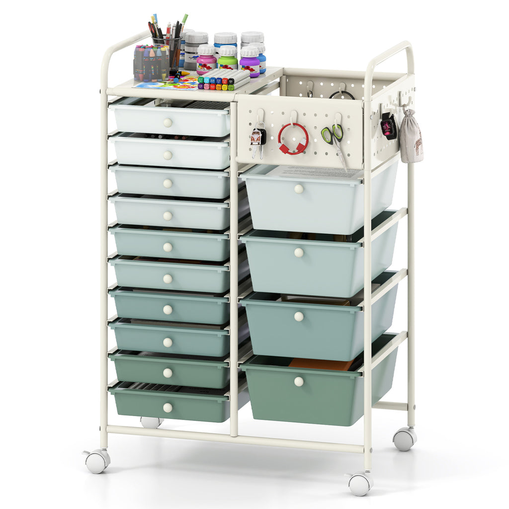 14-Drawer Rolling Storage Cart with Metal Tabletop and Pegboard-Gradient Green