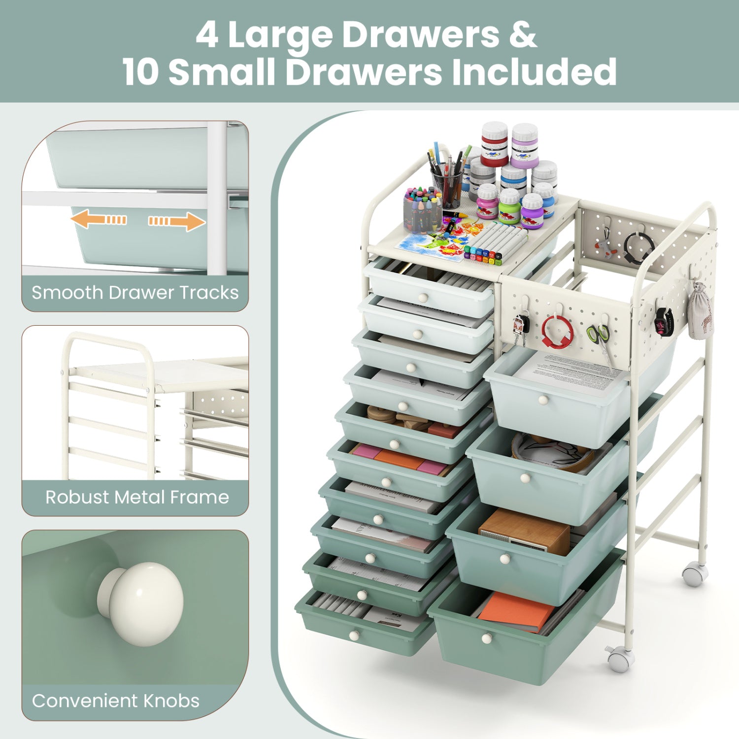 14-Drawer Rolling Storage Cart with Metal Tabletop and Pegboard-Gradient Green