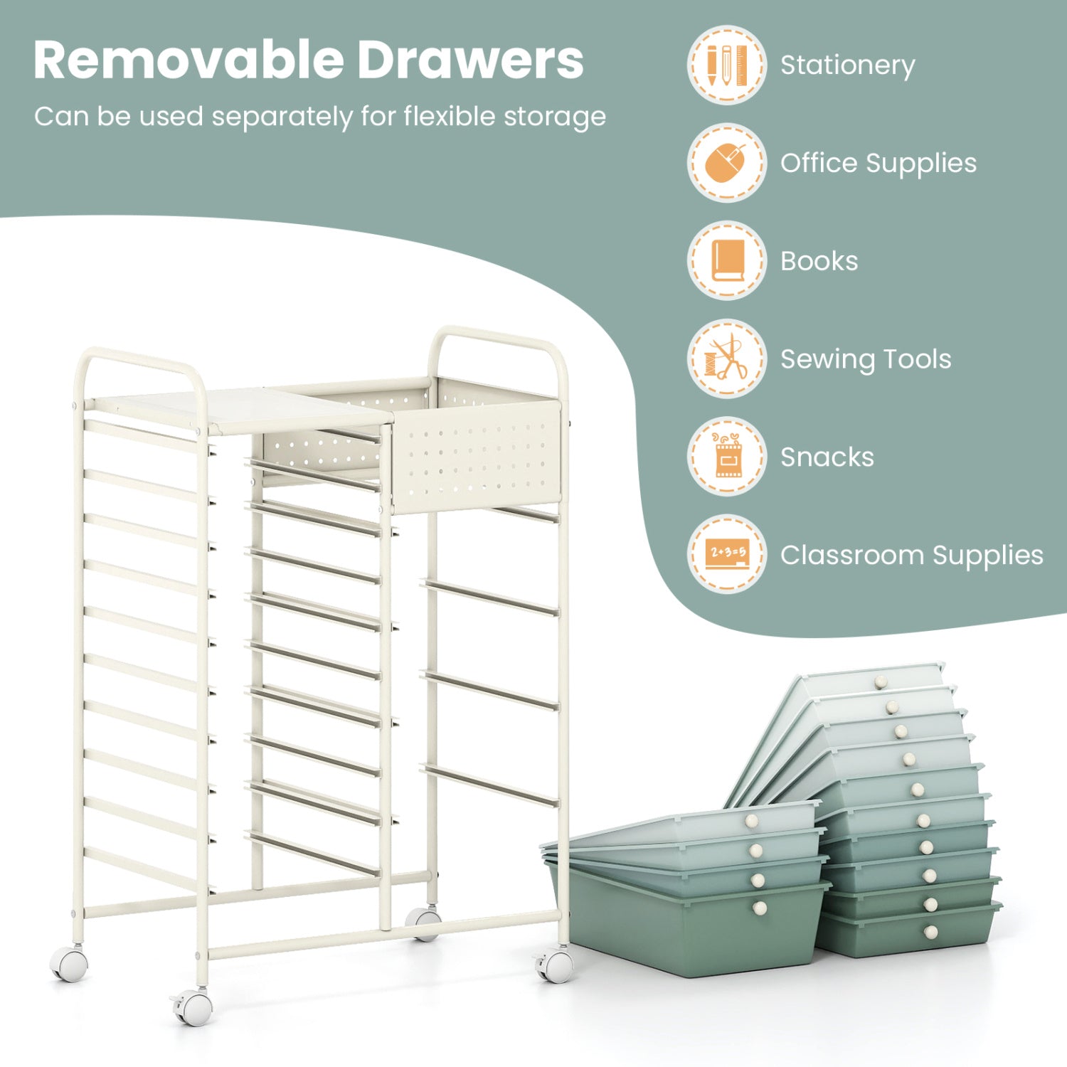 14-Drawer Rolling Storage Cart with Metal Tabletop and Pegboard-Gradient Green