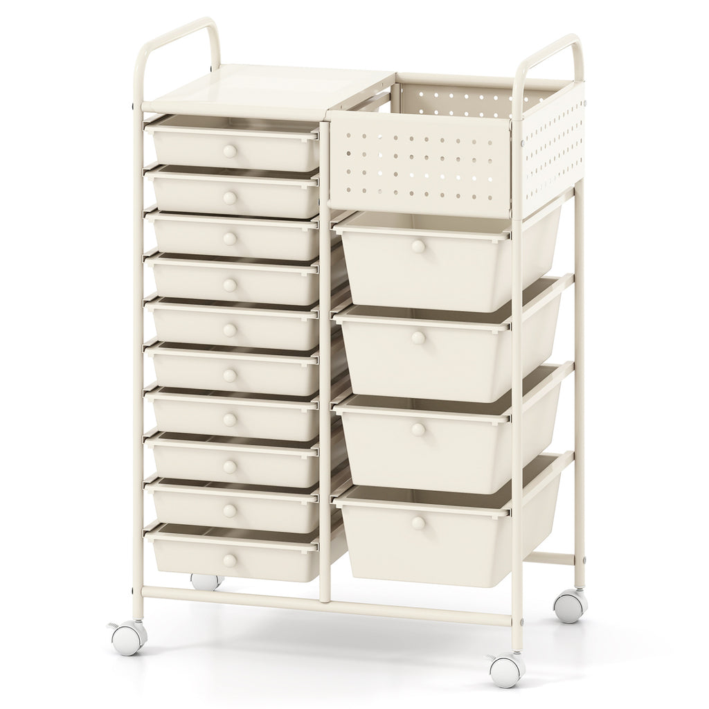 14-Drawer Rolling Storage Cart with Metal Tabletop and Pegboard-White