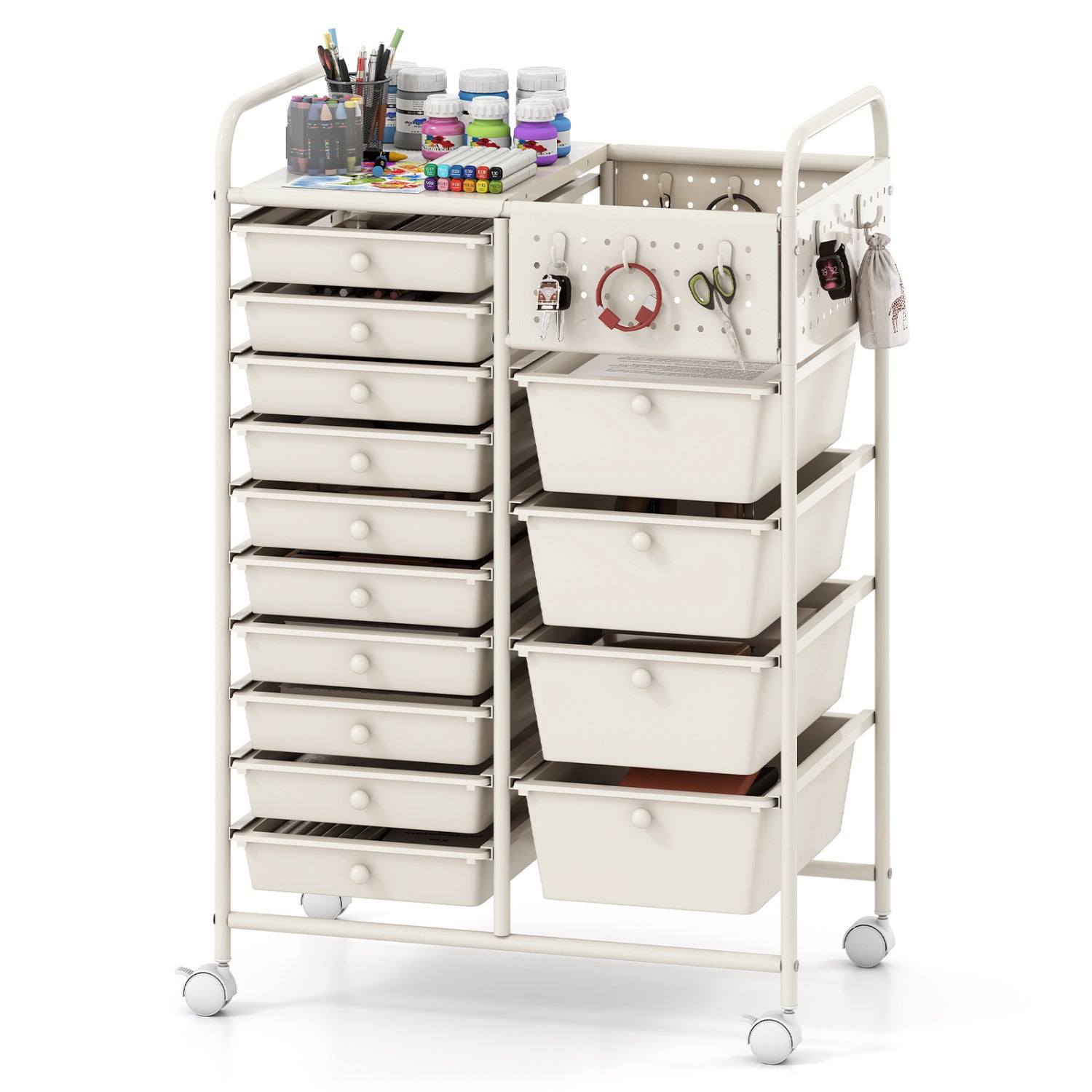 14-Drawer Rolling Storage Cart with Metal Tabletop and Pegboard-White