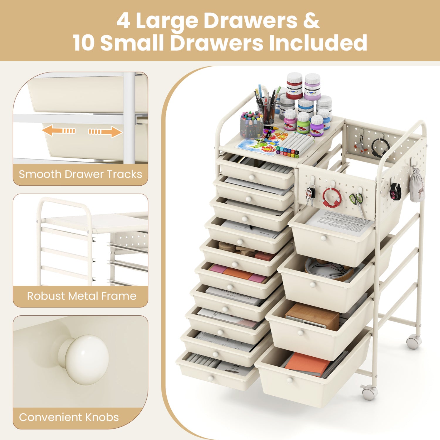 14-Drawer Rolling Storage Cart with Metal Tabletop and Pegboard-White