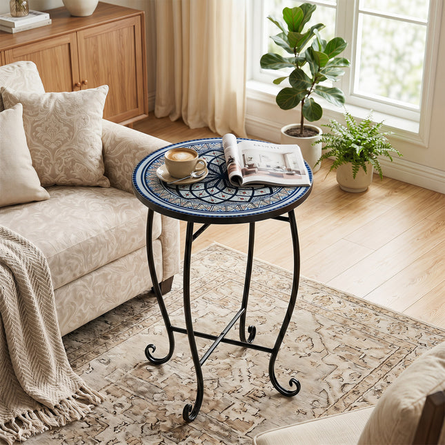 14" Floral Clover/Blooming Lotus/Bright Sunflower Mosaic Patio Accent Coffee End Table-White