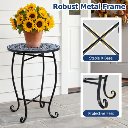 14" Floral Clover/Blooming Lotus/Bright Sunflower Mosaic Patio Accent Coffee End Table-White