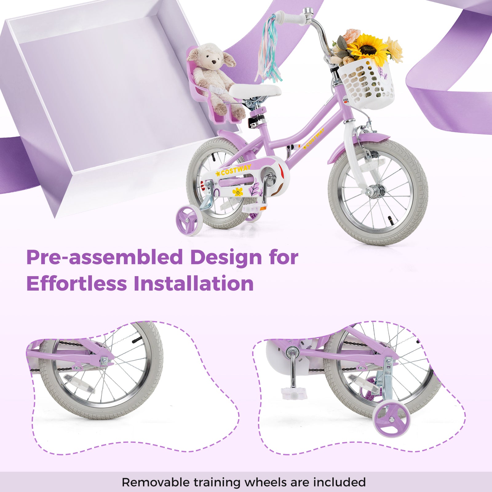 14 Inch Girls Bike Kids Bicycle with Doll Seat and Streamers for Children 3-5 Years Old