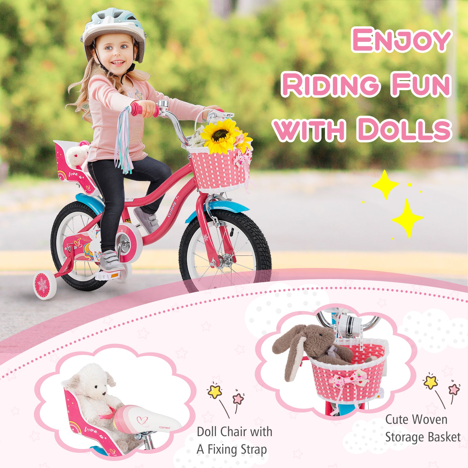 14 Inch Girls Bike for 3-5 Years Old Kids Bike with Doll Seat and Training Wheels