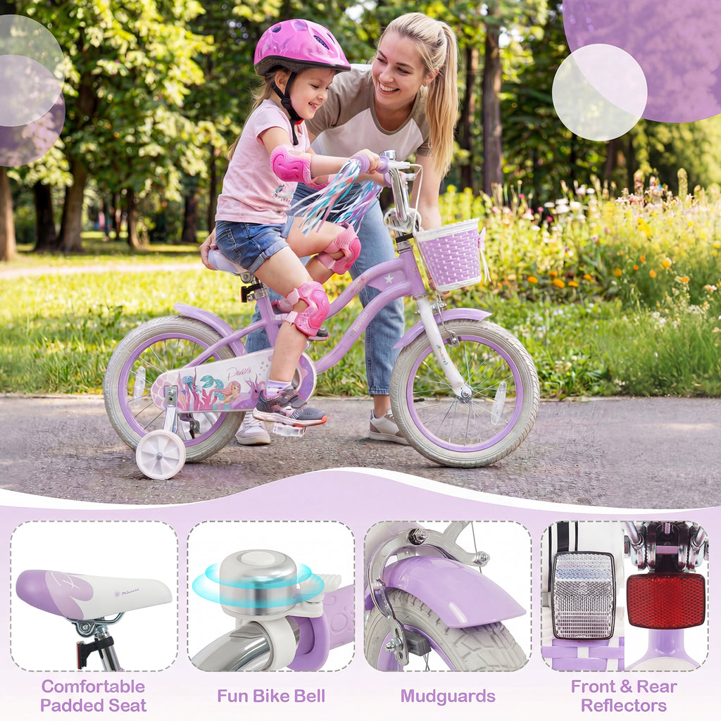 14 Inch Kids Bike Adjustable with Basket and Streamers Purple - Princess of the Sea Theme