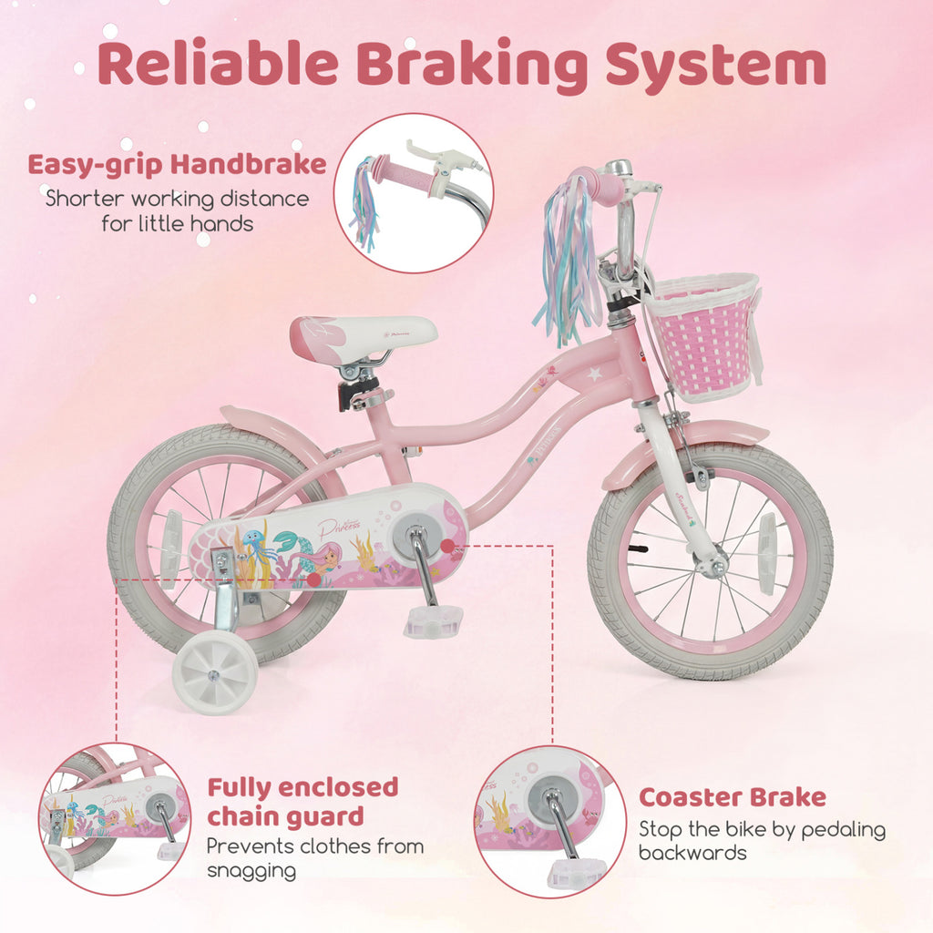 14 Inch Kids Bike Adjustable with Basket and Streamers for Girls Aged 3-5 Years Old Pink
