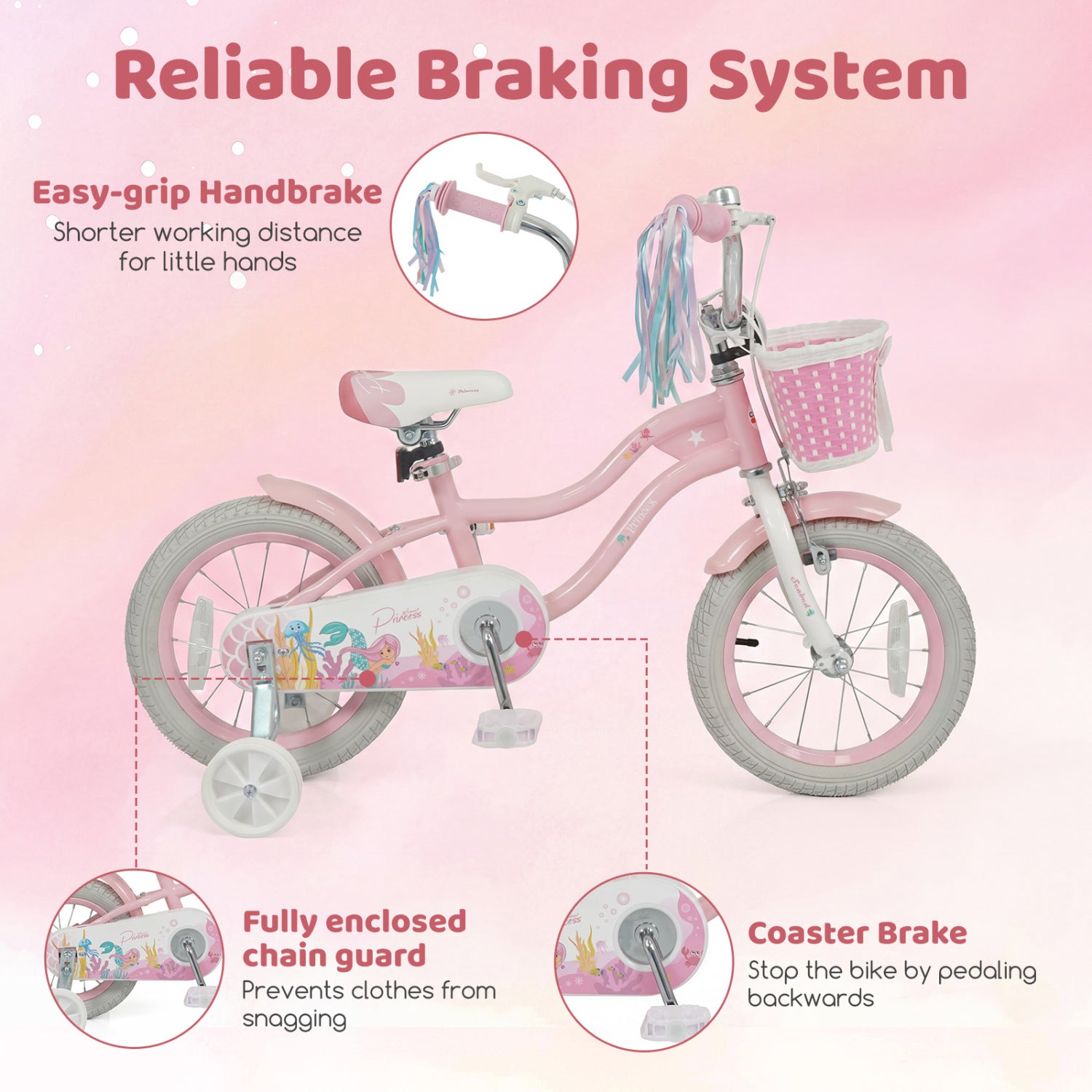 14 Inch Kids Bike Adjustable with Basket and Streamers for Girls Aged 3-5 Years Old Pink