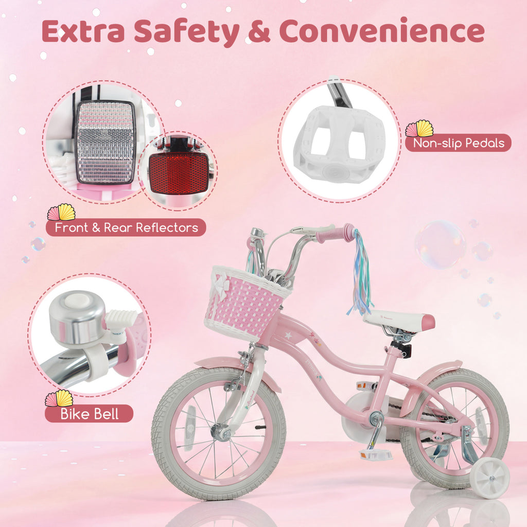 14 Inch Kids Bike Adjustable with Basket and Streamers for Girls Aged 3-5 Years Old Pink