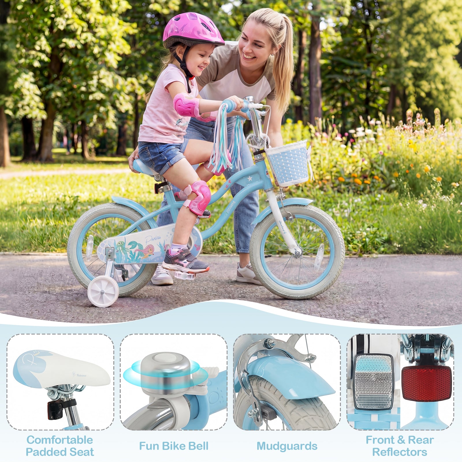 14 Inch Kids Bike Adjustable with Basket and Streamers Blue for Kids Aged 3-5 Years Old - Princess of the Sea Theme