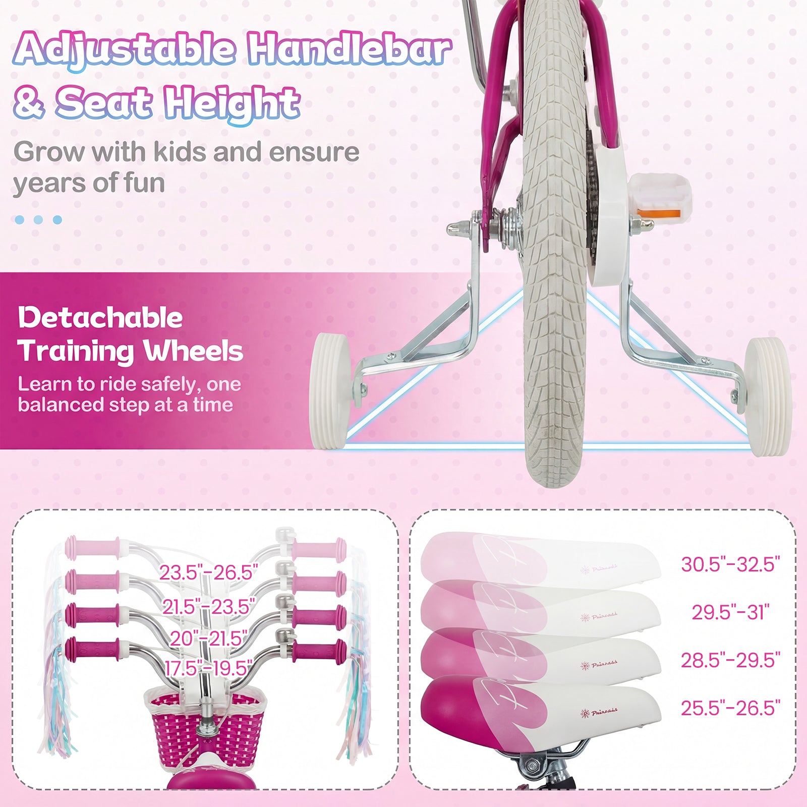 14-Inch Kids Bike Adjustable with Basket and Streamers Rose Red - Princess of the Sea Theme