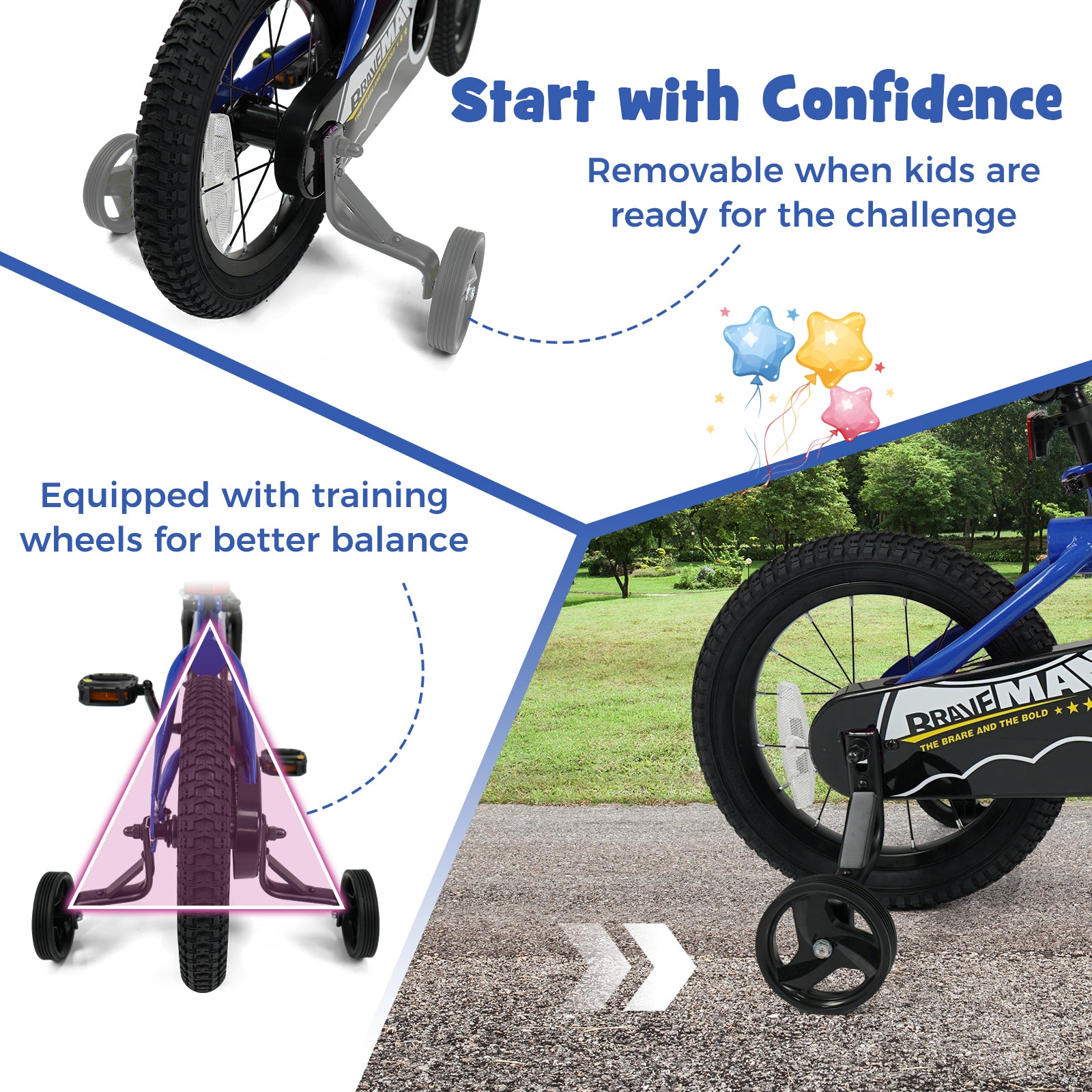 14-Inch Kids Bike with Removable Training Wheels Navy - Brave Hero