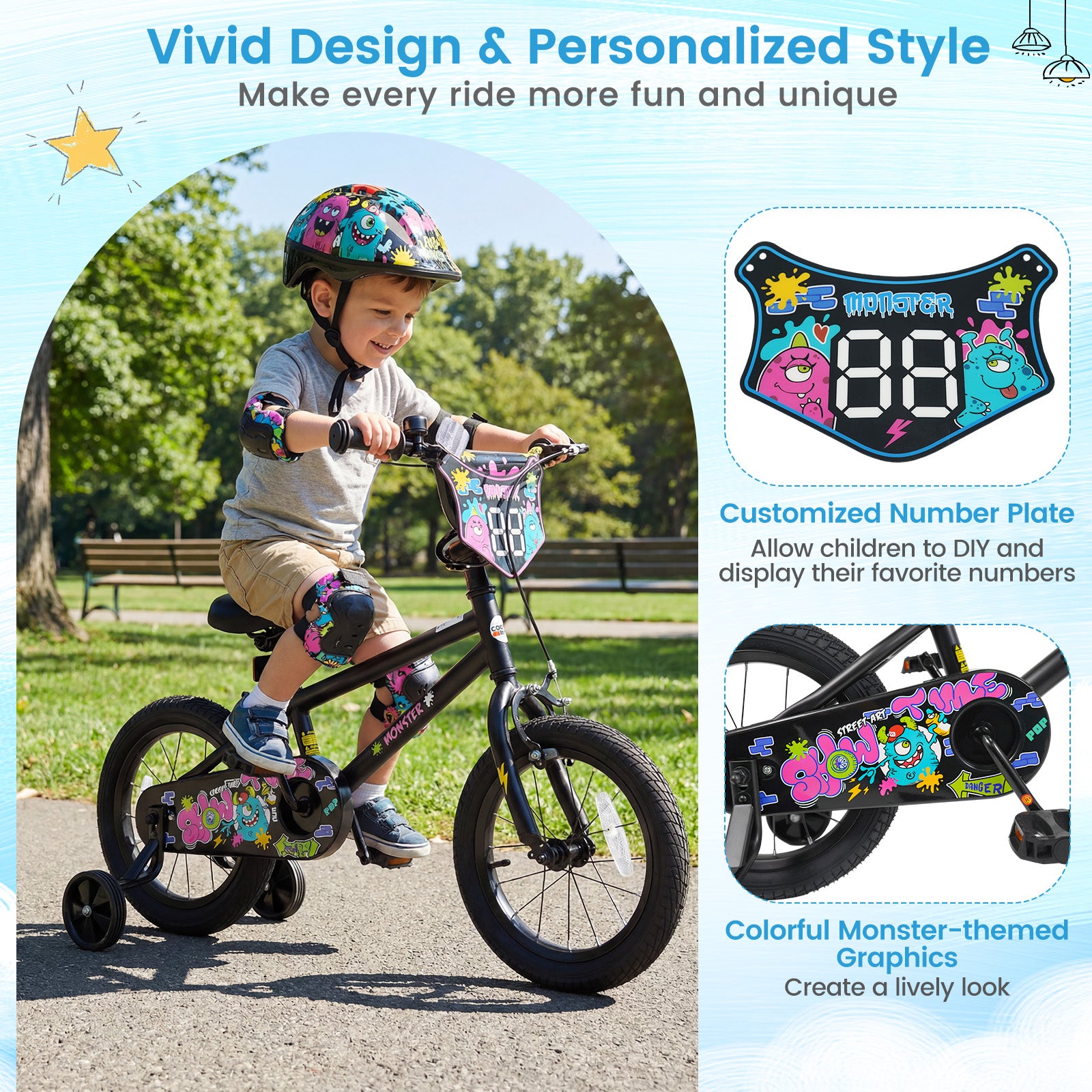 14 Inch Kids Bike with Training Wheels for Ages 3-5 Years Old Black- Street Art Time