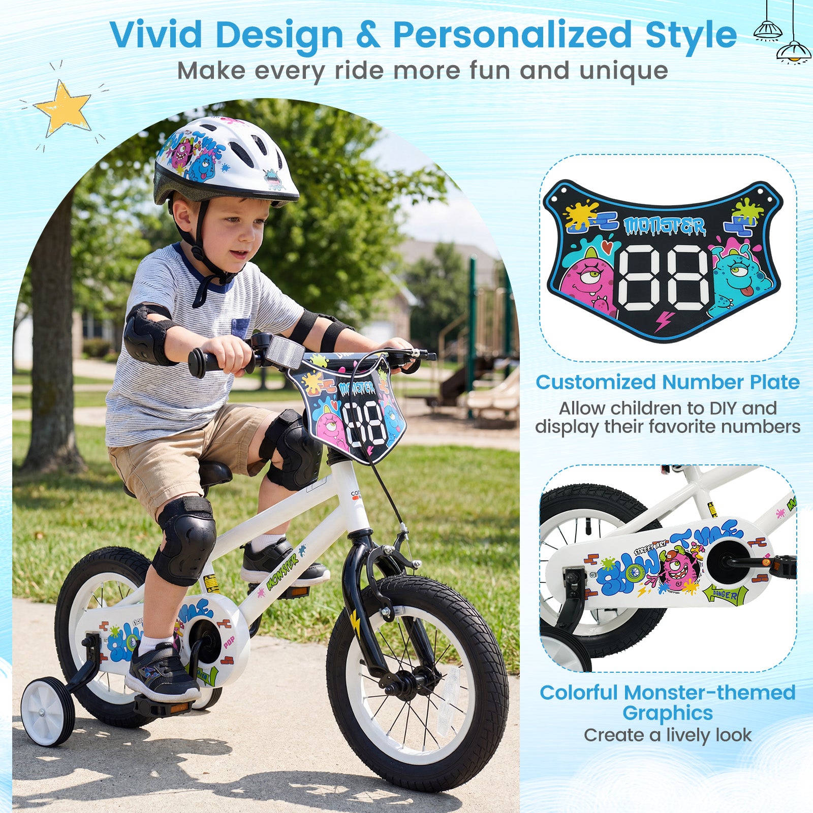 14 Inch Kids Bike with Training Wheels for Ages 3-5 Years Old White- Street Art Time