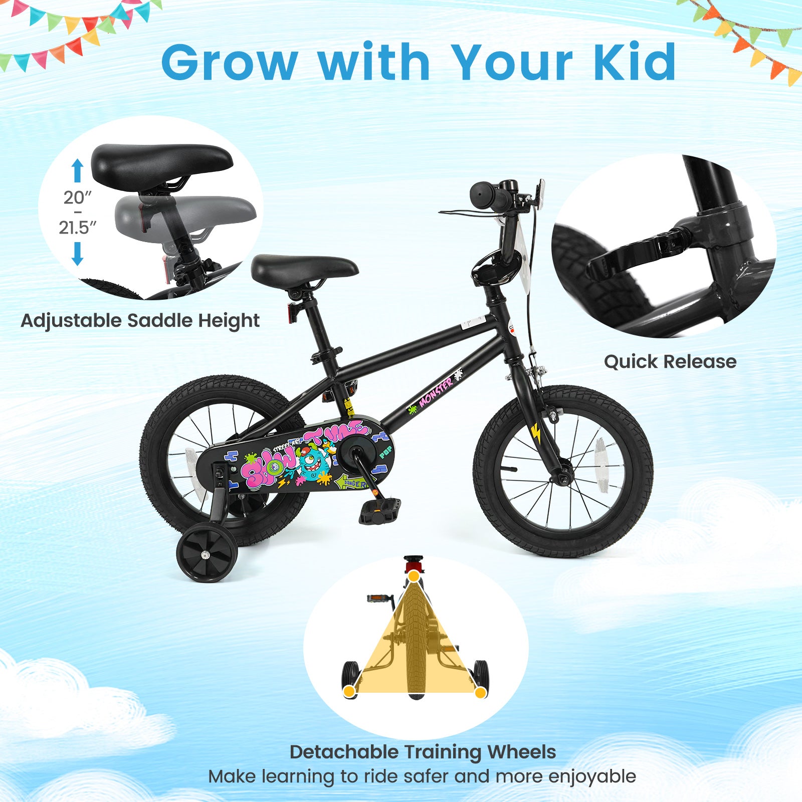 14 Inch Kids Bike with Training Wheels for Ages 3-5 Years Old Black- Street Art Time