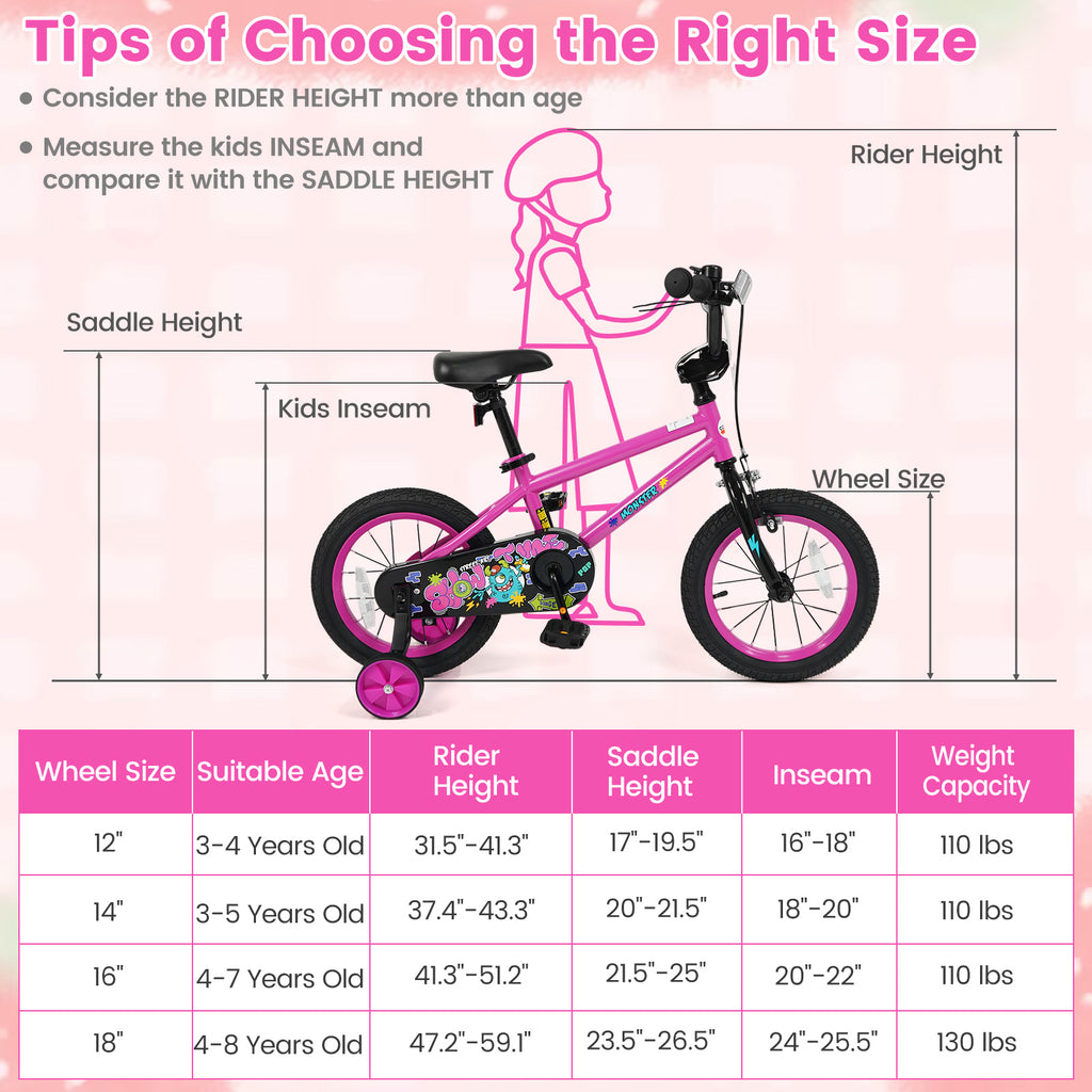 14 Inch Kids Bike with Training Wheels for Ages 3-5 Years Old Pink- Street Art Time