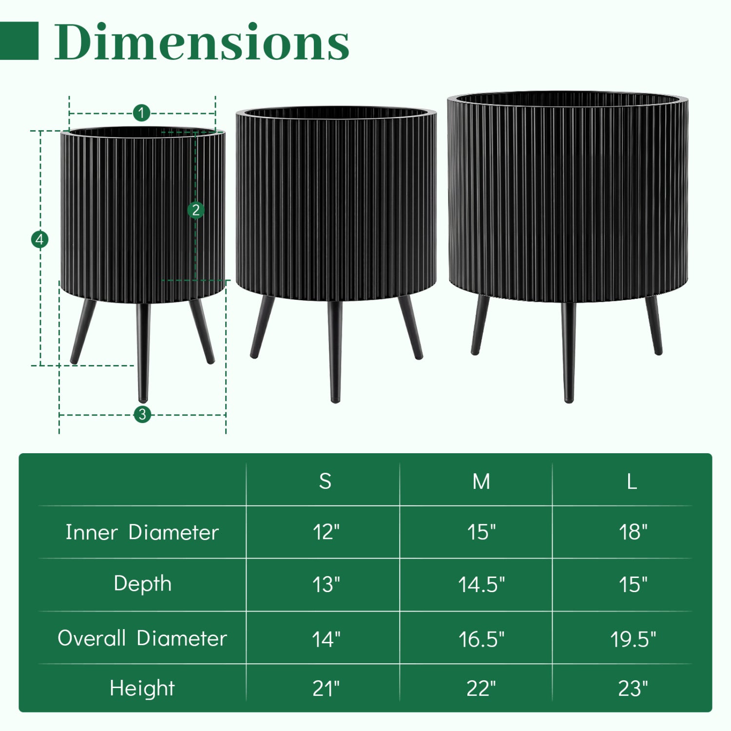 14 Inch Plant Pot with Stand and Tapered Legs for Garden