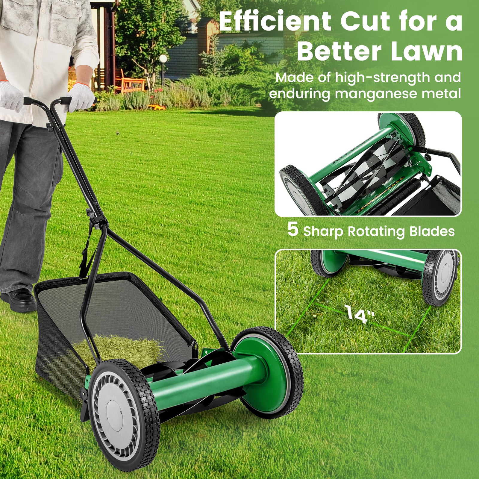14 Inch Push Lawn Mower with 5 Steel Blades and Grass Catcher Bag-Green