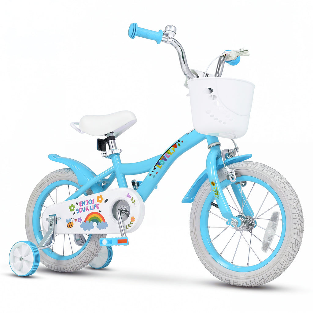 14 Inches Girls Bike for 3-5 Years Old with Training Wheels and Basket - Spring Party  Blue