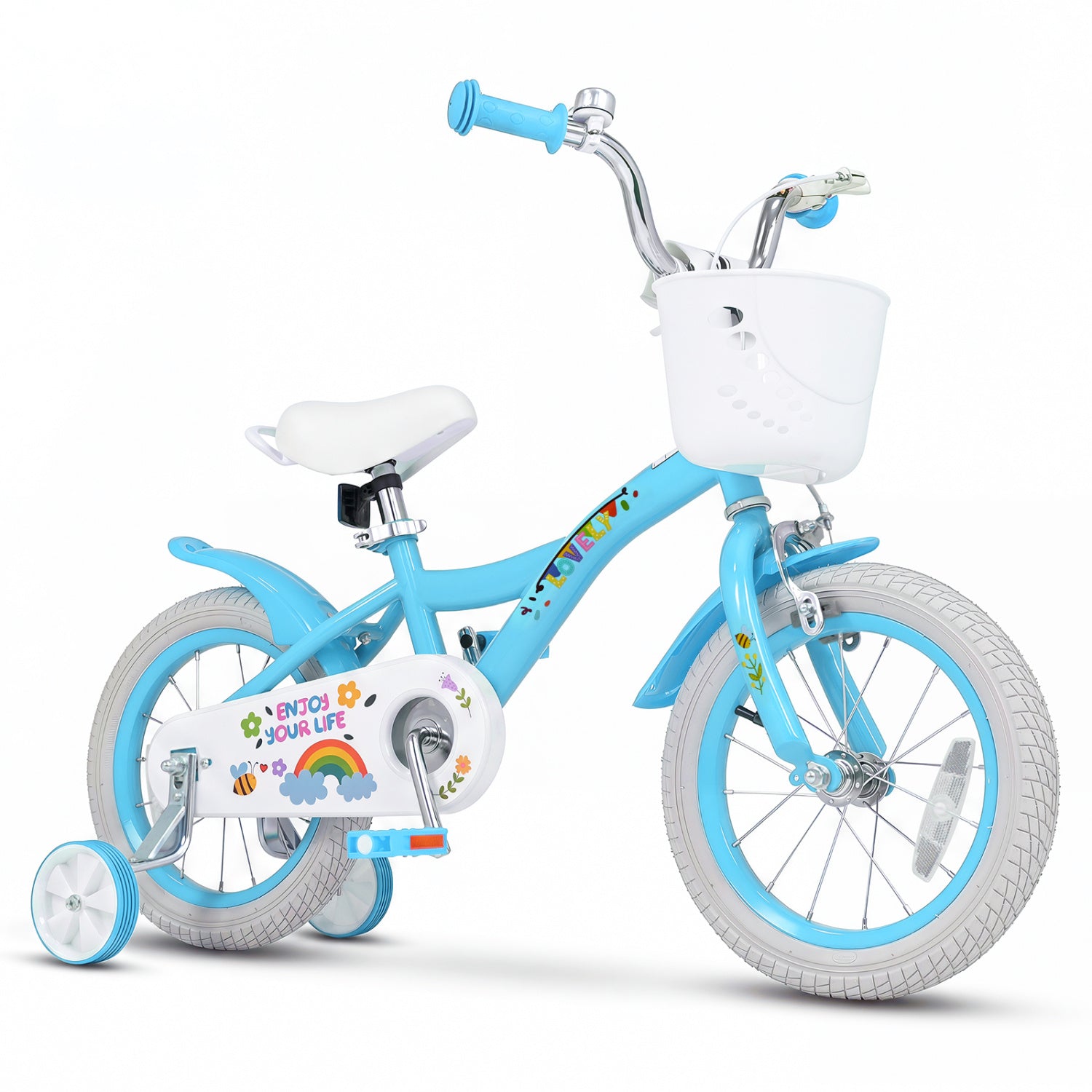 14 Inches Girls Bike for 3-5 Years Old with Training Wheels and Basket - Spring Party  Blue