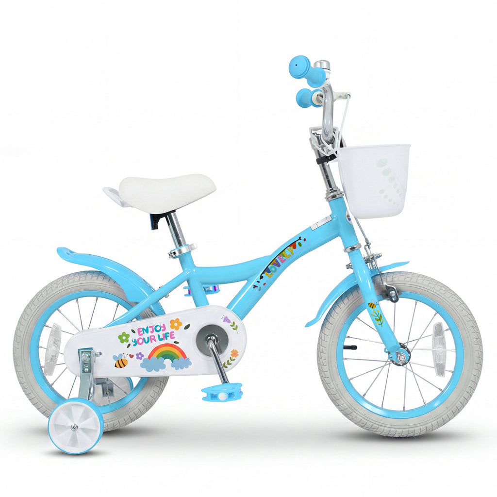 14 Inches Girls Bike for 3-5 Years Old with Training Wheels and Basket - Spring Party  Blue