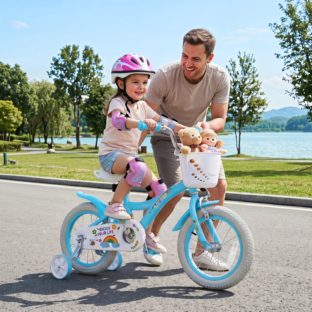 14 Inches Girls Bike for 3-5 Years Old with Training Wheels and Basket - Spring Party  Blue