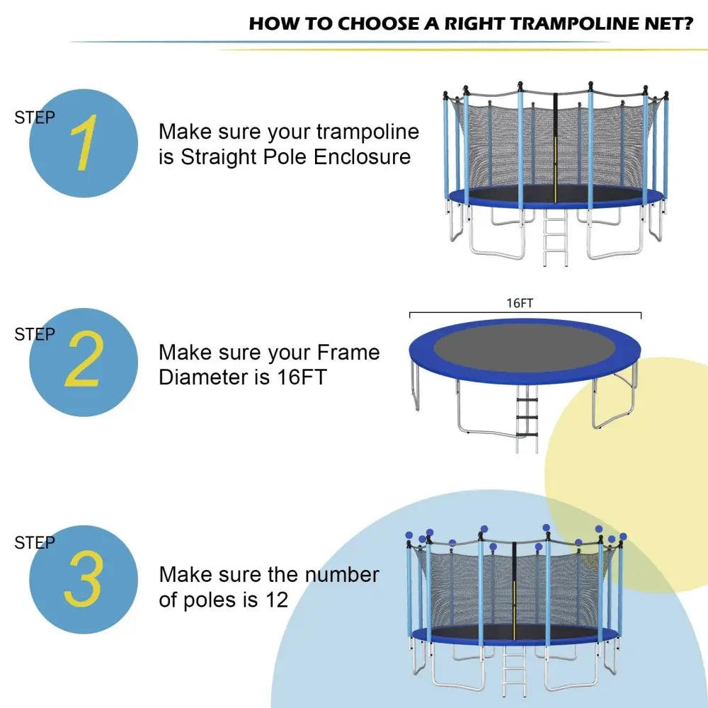 15/16 Feet Trampoline Replacement Safety Net with Adjustable Straps-16 ft - Black - Trampoline Accessories