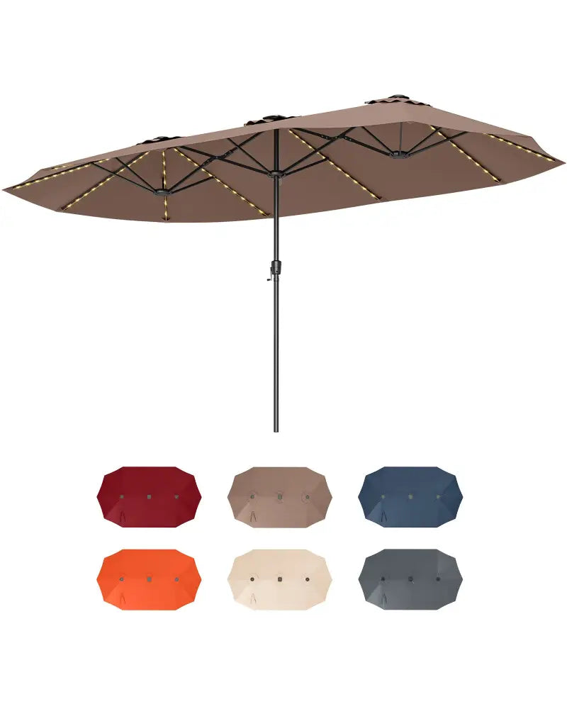 15.5 FT Extra-Large Patio Umbrella with LED Solar Lights and Crank Handle-Brown - Brown - Outdoor Umbrellas
