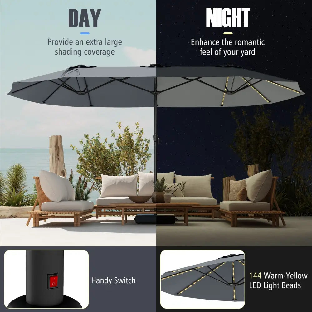 15.5 FT Extra-Large Patio Umbrella with LED Solar Lights and Crank Handle-Gray - Gray - Outdoor Umbrellas