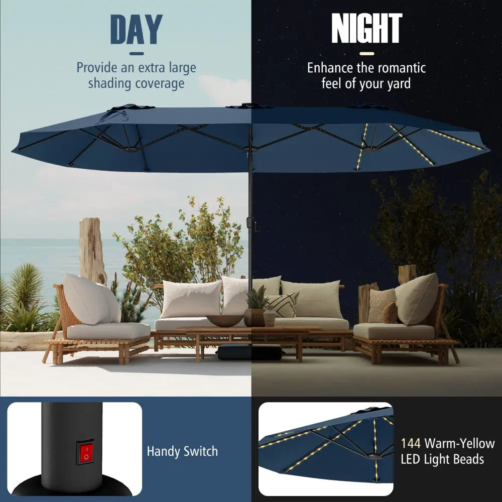 15.5 FT Extra-Large Patio Umbrella with LED Solar Lights and Crank Handle-Navy - Navy - Outdoor Umbrellas